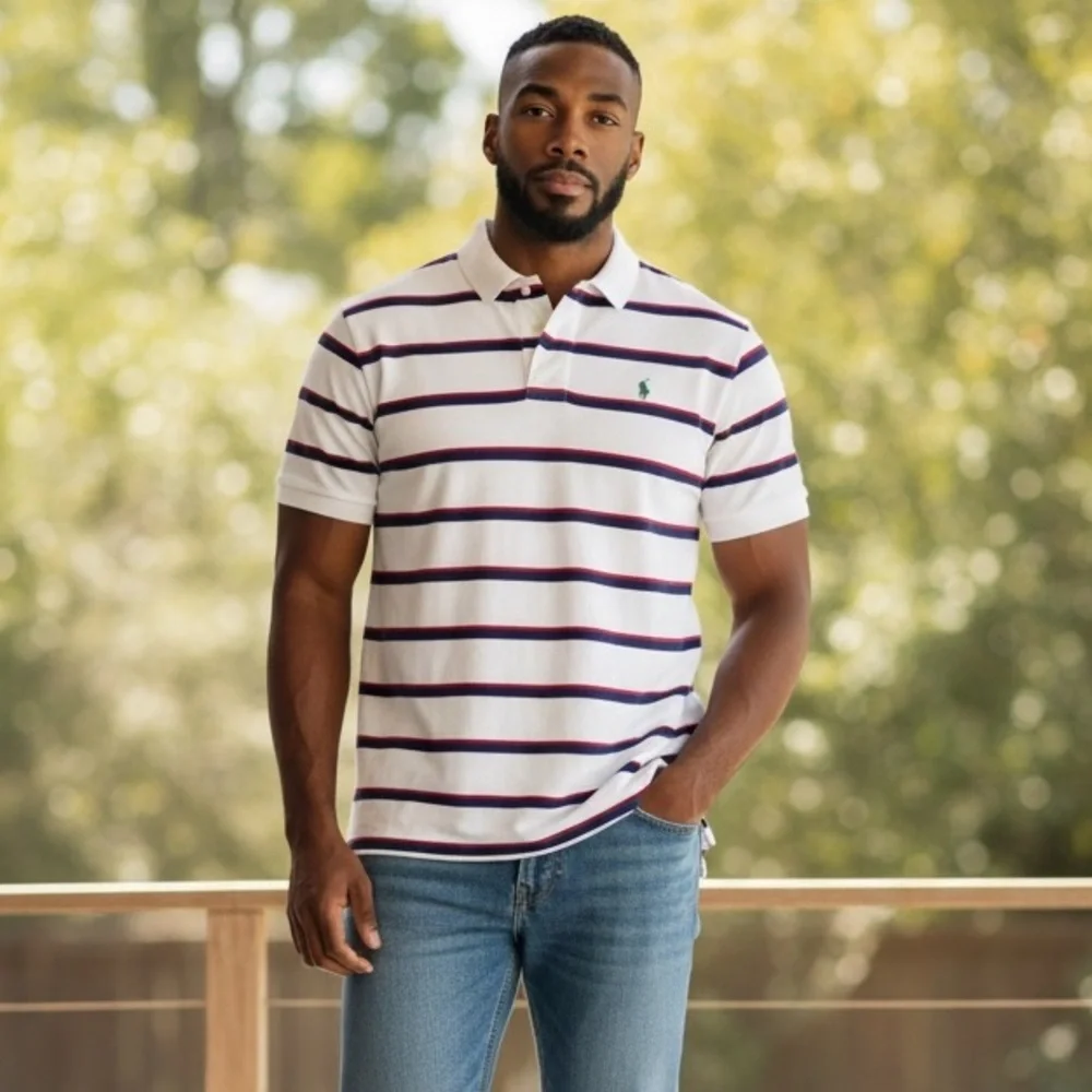 PO689 Mens Polo Ralph Lauren Designer Striped Custom Fit Polo Shirt L